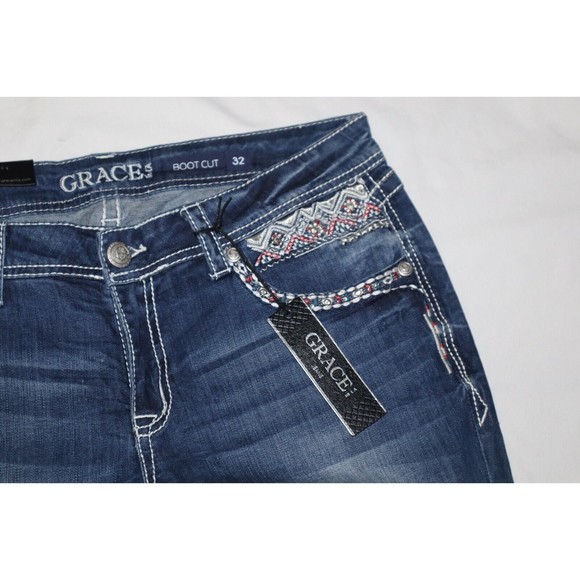 NEW Grace in LA Womens Size 32 Floral Boot Cut Stretch Floral Flap Embroidery - Picture 5 of 12